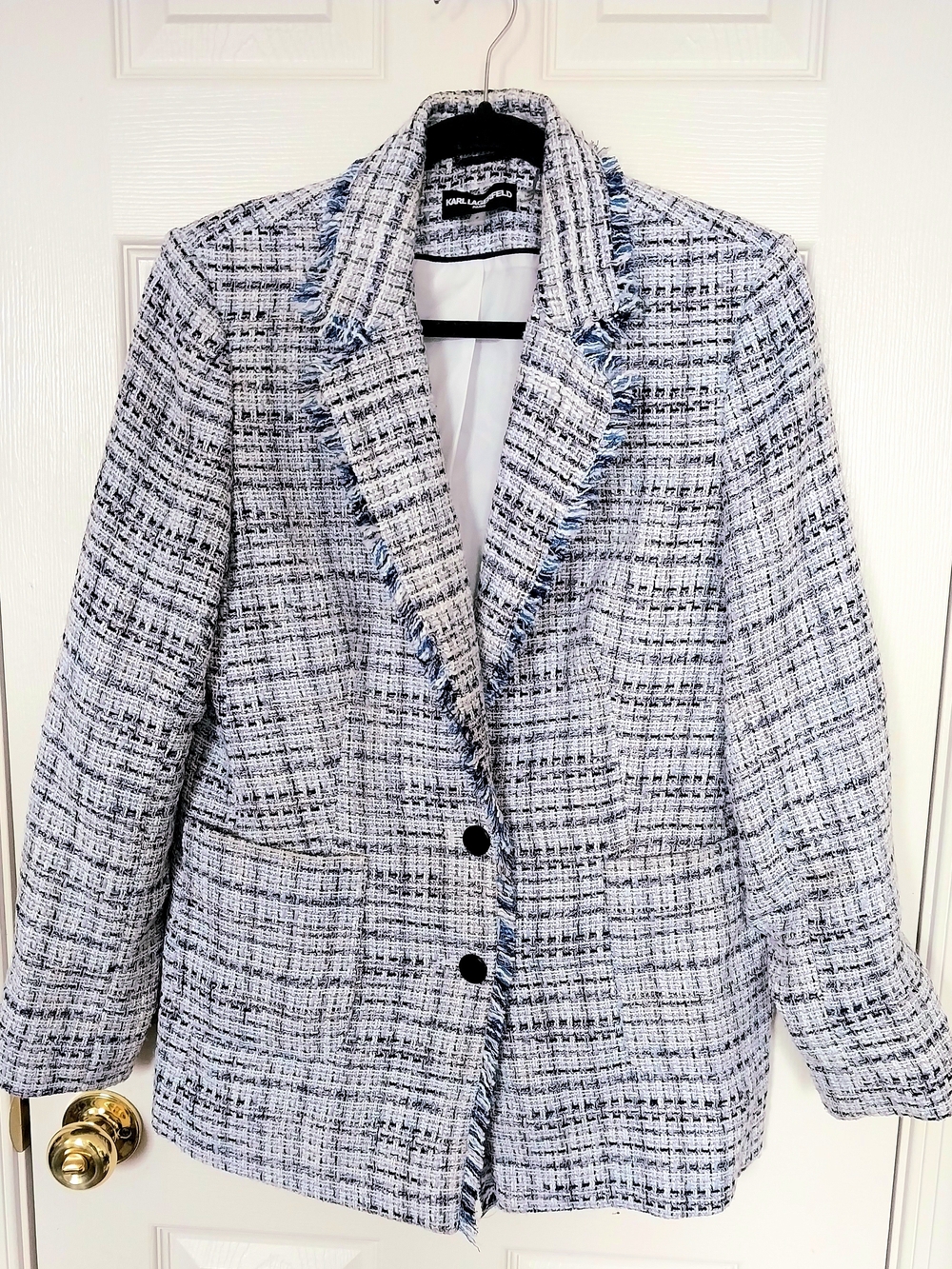 Karl Lagerfeld Womens Blue-Accent Tweed Blazer Size 8 Old Money, Classic, Chic